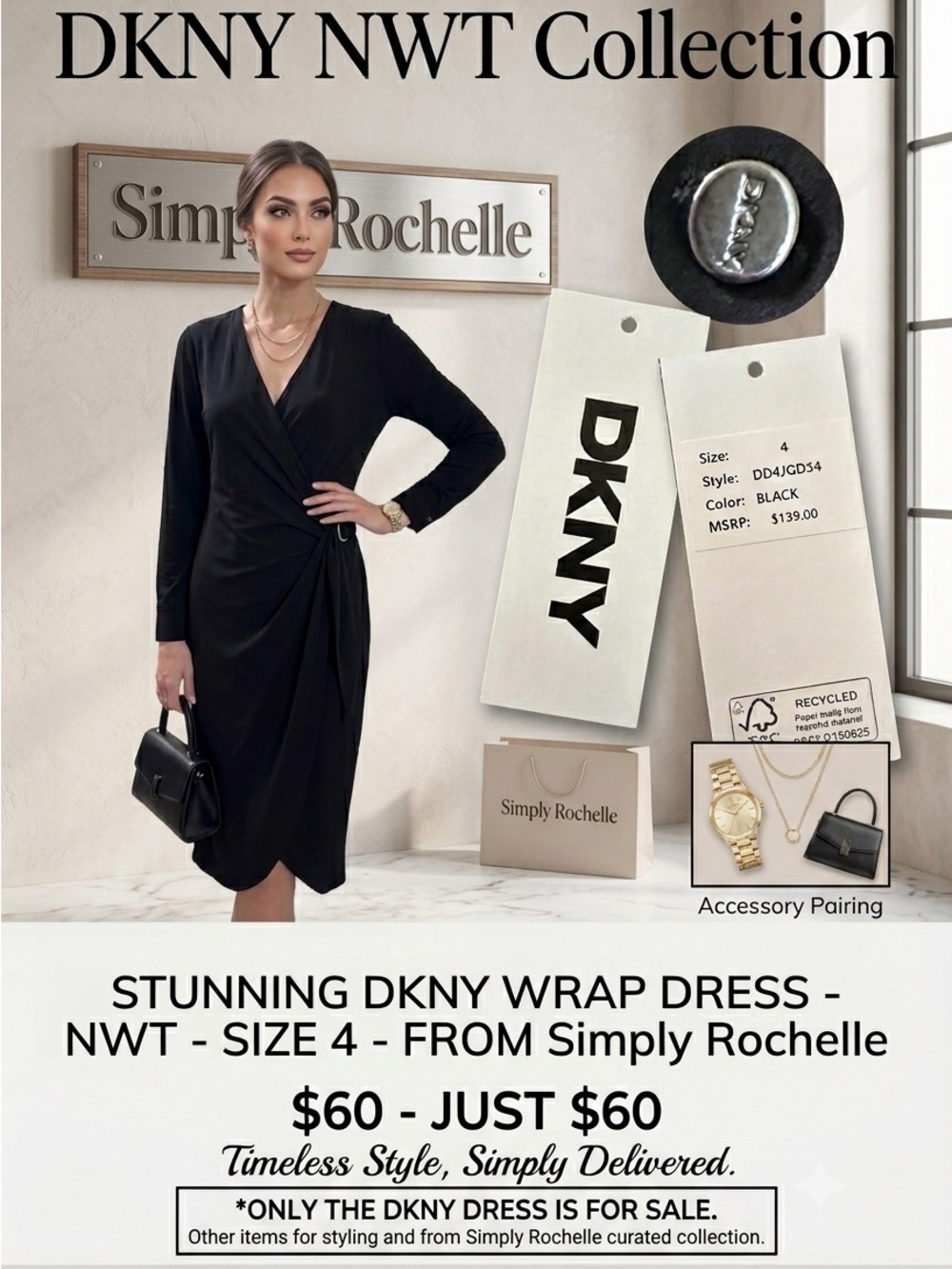 DKNY Black Long-Sleeve Wrap Dress with Side Knot